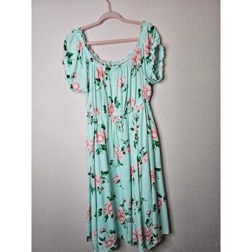 Torrid Floral Polka Dot Off The Shoulder Midi Dress Mint Blue Pink Size 2 2X